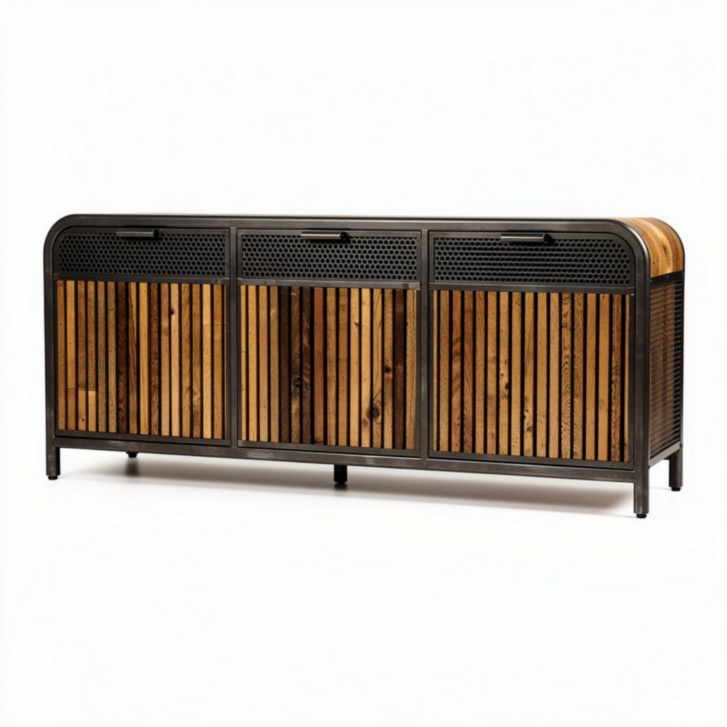 Buffet en bois et métal noir 150 x 40 x 75cm avec portes à lamelles