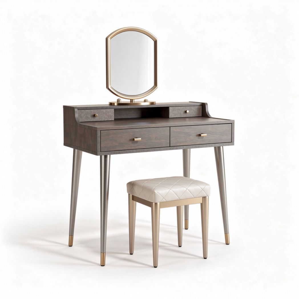 Coiffeuse en bois gris avec miroir et pouf rembourré 90 x 40 x 75cm