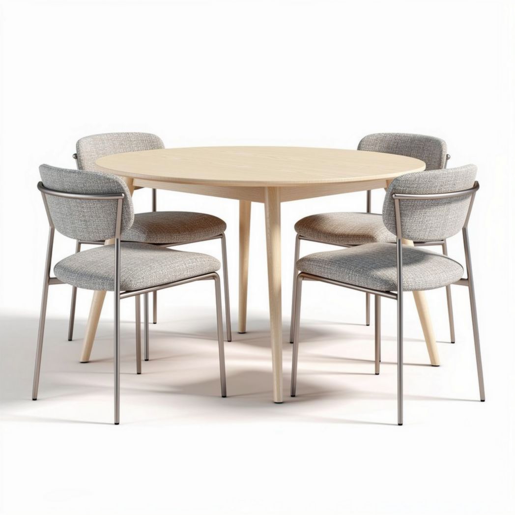 Table ronde en bois avec chaises rembourrées en tissu gris 100 x 100 x 75cm