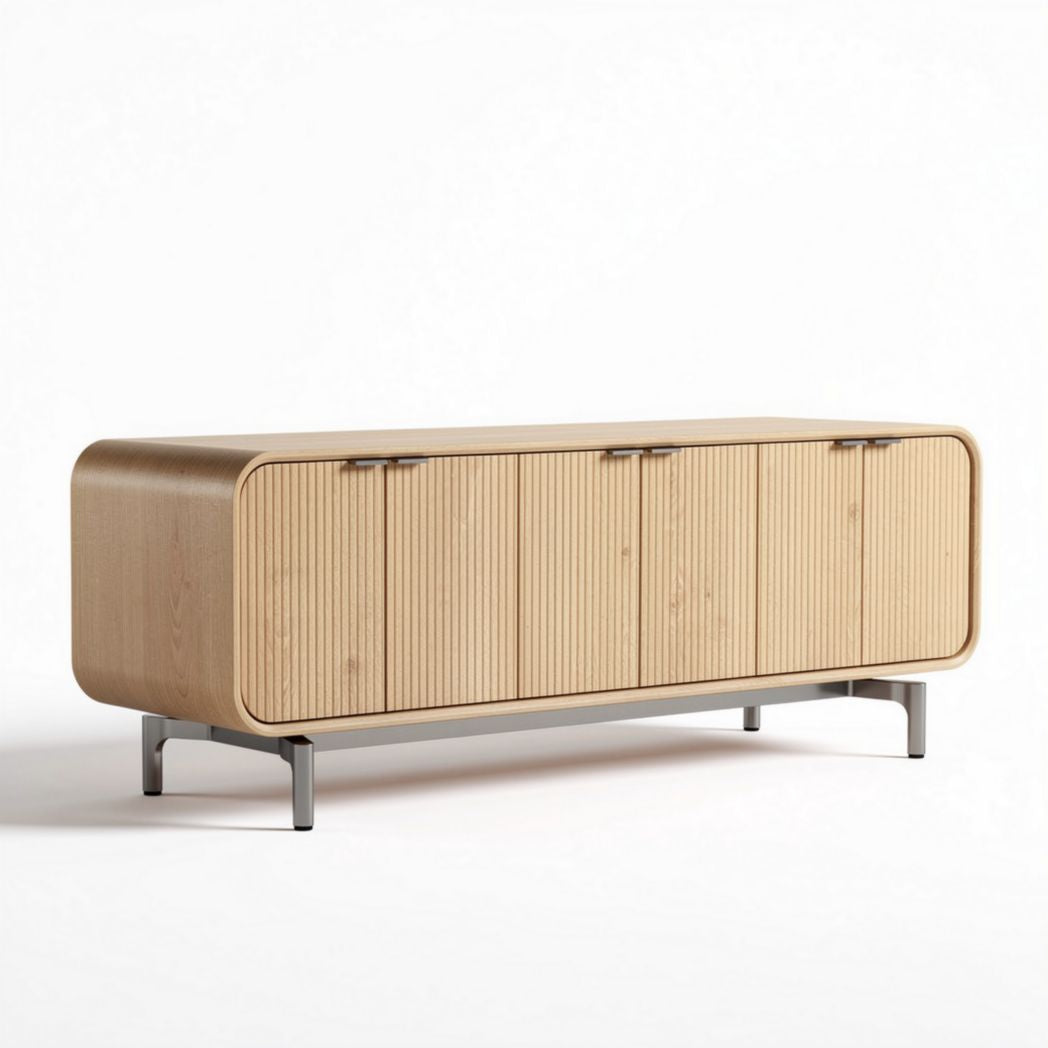 Buffet en bois de chêne ondulé 150 x 40 x 60cm couleur naturelle avec pieds en métal