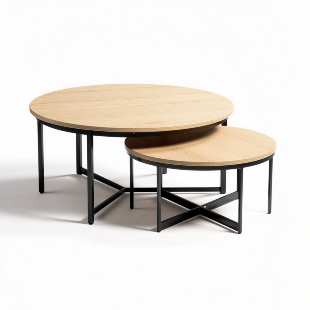Tables basses rondes en bois et métal noir 80 x 80 x 40cm et 60 x 60 x 30cm